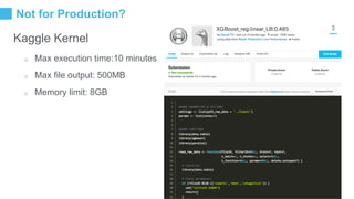 Not for Production?
Kaggle Kernel
o Max execution time:10 minutes
o Max file output: 500MB
o Memory limit: 8GB
27
 