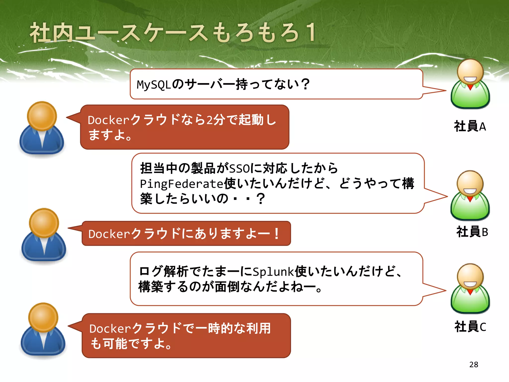 28
担当中の製品がSSOに対応したから
PingFederate使いたいんだけど、どうやって構
築したらいいの・・？
Dockerクラウドにありますよー！
ログ解析でたまーにSplunk使いたいんだけど、
構築するのが面倒なんだよねー。
Dockerクラウドで一時的な利用
も可能ですよ。
MySQLのサーバー持ってない？
Dockerクラウドなら2分で起動し
ますよ。
社員A
社員B
社員C
 
