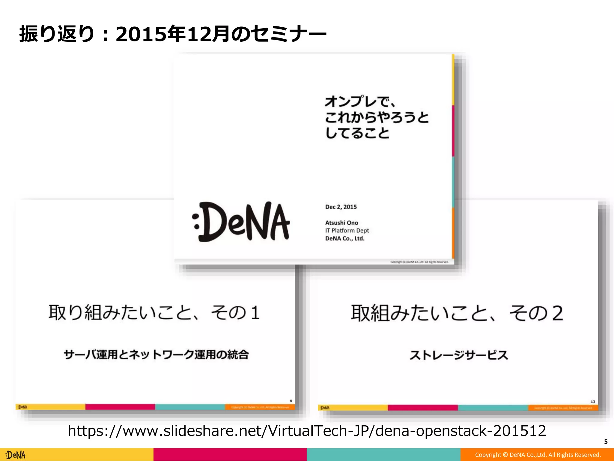 Copyright © DeNA Co.,Ltd. All Rights Reserved.
振り返り：2015年12月のセミナー
5
https://www.slideshare.net/VirtualTech-JP/dena-openstack-201512
 