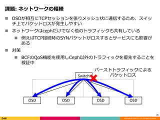 Copyright © DeNA Co.,Ltd. All Rights Reserved.
課題: ネットワークの輻輳
 OSDが相互にTCPセッションを張りメッシュ状に通信するため、スイッ
チ上でパケットロスが発生しやすい
 ネットワークはcephだけでなく他のトラフィックも共有している
 例えばTCP接続時のSYNパケットがロスするとサービスにも影響が
ある
 対策
 BCFのQoS機能を使用しCeph以外のトラフィックを優先することを
検証中
33
OSD OSD OSD OSD
Switch
バーストトラフィックによる
パケットロス
 