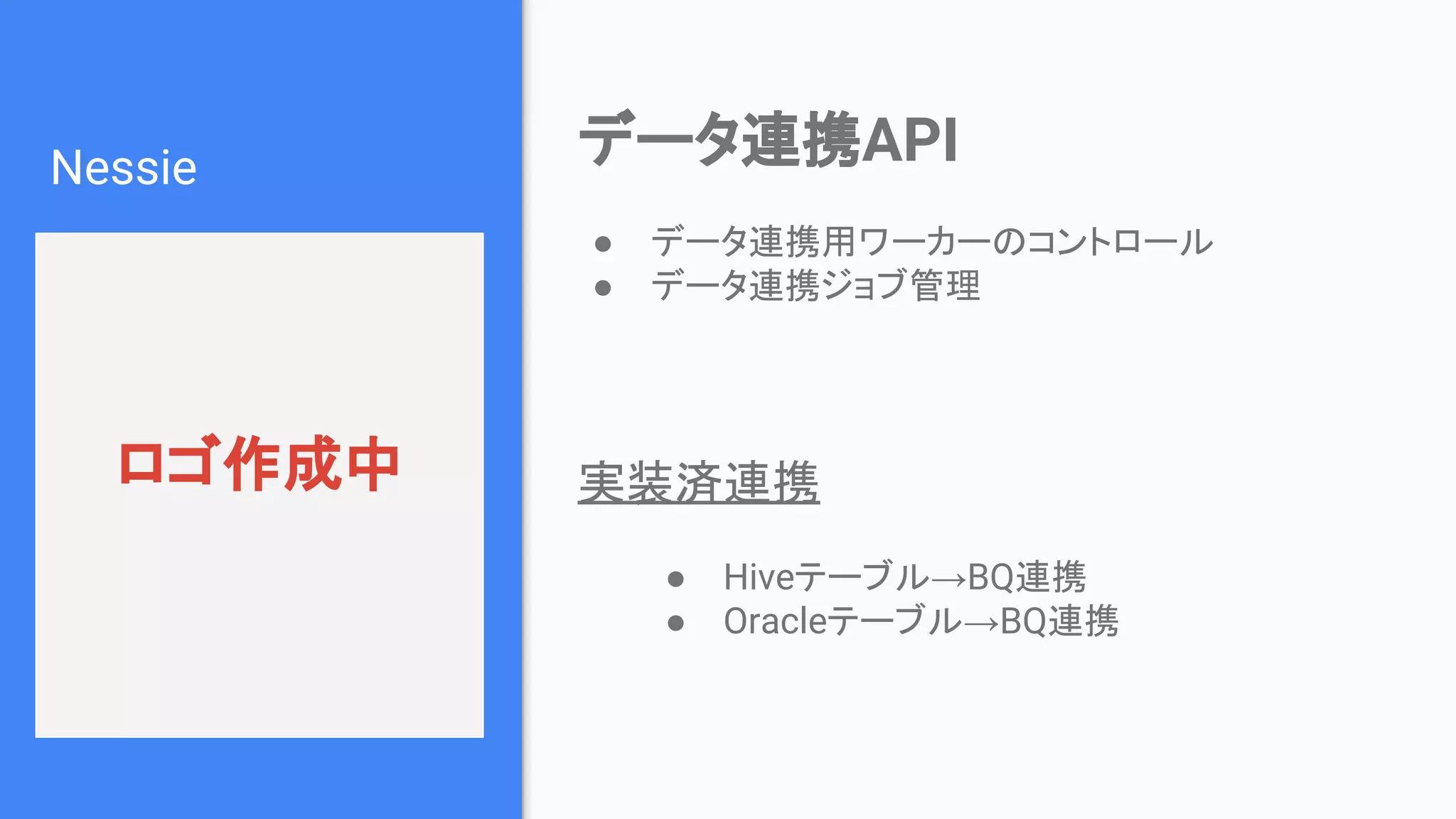 Nessie
ロゴ作成中
データ連携API
● データ連携用ワーカーのコントロール
● データ連携ジョブ管理
実装済連携
● Hiveテーブル→BQ連携
● Oracleテーブル→BQ連携
 