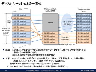 The PG-Strom Project
ディスクキャッシュとの一貫性
BigData基盤研究会#7 － GPU/SSDがPostgreSQLを加速する17
 課題 ①対象ブロックがOSキャッシュに保持されている場合、ストレージブロックの内容は
最新でない可能性がある。
②8KB単位のコマ切れDMAは非常に性能が悪い
 対策 キャッシュされているブロック(=8KB単位)を一度ユーザ空間のバッファに書き戻し、
その後 CUDA API を用いて、一度に RAMGPU 転送を行う。
 処理ペナルティ的には read(2) + cuMemcpyHtoDAsync() と同等
 GPUメモリ上でのブロック並び順が変わるが、処理の妥当性に影響はない。
BLK-100: uncached
BLK-101: cached
BLK-102: uncached
BLK-103: uncached
BLK-104: cached
BLK-105: cached
BLK-106: uncached
BLK-107: uncached
BLK-108: cached
BLK-109: uncached
BLCKSZ
(=8KB)
Transfer Size
Per Request
BLCKSZ *
NChunks
BLK-108: cached
BLK-105: cached
BLK-104: cached
BLK-101: cached
BLK-100: uncached
BLK-102: uncached
BLK-103: uncached
BLK-106: uncached
BLK-107: uncached
BLK-109: uncached
BLK-108: cached
BLK-105: cached
BLK-104: cached
BLK-101: cached
unused SSD-to-GPU
P2P DMA
File Userspace DMA
Buffer (RAM)
Device Memory
(GPU)
CUDA API
(userspace)
cuMemcpyHtoDAsync
 