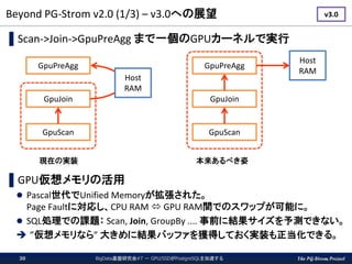 The PG-Strom Project
Beyond PG-Strom v2.0 (1/3) – v3.0への展望
BigData基盤研究会#7 － GPU/SSDがPostgreSQLを加速する30
▌Scan->Join->GpuPreAgg まで一個のGPUカーネルで実行
▌GPU仮想メモリの活用
 Pascal世代でUnified Memoryが拡張された。
Page Faultに対応し、CPU RAM  GPU RAM間でのスワップが可能に。
 SQL処理での課題： Scan, Join, GroupBy .... 事前に結果サイズを予測できない。
 ”仮想メモリなら” 大きめに結果バッファを獲得しておく実装も正当化できる。
v3.0
GpuPreAgg
GpuJoin
GpuScan
Host
RAM
GpuPreAgg
GpuJoin
GpuScan
Host
RAM
本来あるべき姿現在の実装
 