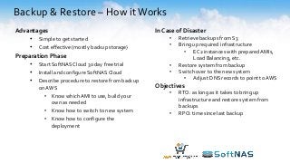 Backup & Restore – How itWorks
Advantages
• Simple to get started
• Cost effective (mostly backup storage)
Preparation Phase
• Start SoftNAS Cloud 30 day free trial
• Install and configure SoftNAS Cloud
• Describe procedure to restore from backup
on AWS
• Know which AMI to use, build your
own as needed
• Know how to switch to new system
• Know how to configure the
deployment
In Case of Disaster
• Retrieve backups from S3
• Bring up required infrastructure
• EC2 instances with prepared AMIs,
Load Balancing, etc.
• Restore system from backup
• Switch over to the new system
• Adjust DNS records to point to AWS
Objectives
• RTO: as long as it takes to bring up
infrastructure and restore system from
backups
• RPO: time since last backup
 