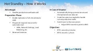 Hot Standby – How itWorks
Advantages
• Handles production workloads well
Preparation Phase
• Enable replication of all critical data to
AWS
• Prepare all required resources for
automatic start
• AMIs, Network Settings, Load
Balancing, etc.
• Reserved Instances
In Case of Disaster
• Automatically bring up resources around
the replicated core data set
• Scale the system as needed to handle
current production traffic
• Switch over to the new system
• Adjust DNS records to point to AWS
Objectives
• RTO: around 15 minutes
• RPO: around 1-4 hours
 