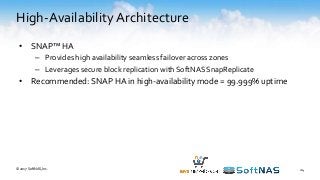High-AvailabilityArchitecture
© 2017 SoftNAS, Inc. 24
• SNAP™ HA
– Provides high availability seamless failover across zones
– Leverages secure block replication with SoftNAS SnapReplicate
• Recommended: SNAP HA in high-availability mode = 99.999% uptime
 