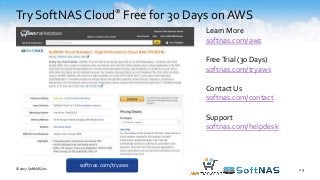 Try SoftNAS Cloud® Free for 30 Days onAWS
29
Learn More
softnas.com/aws
FreeTrial (30 Days)
softnas.com/tryaws
Contact Us
softnas.com/contact
Support
softnas.com/helpdesk
softnas.com/tryaws© 2017 SoftNAS, Inc.
 