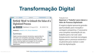 Transformação Digital
Fonte:	https://www.gartner.com/doc/2829219/rethink-work-unleash-value-digitalized
Tradução	livre:
Repensar	o	’Trabalho'	para	Liberar	o	
Valor	de	Processo	Digitalizado
O	negócio	digital	apresenta	grandes	
oportunidades	para inovação	e	
vantagem	competitiva. É	necessário	
uma completa	reavaliação	do	seu	
trabalho	para	criar	este	valor.	
Simplesmente	inserindo	tecnologias	
digitais	para	o processo	existente é	
insuficiente	para realizar	o	valor	
total da	digitalização.
MauricioBitencourt.com 16
 