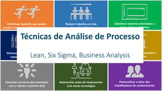 Minimizar	handoffs que	podem	
resultar	em	desconexões	de	processos
Eliminar	gargalos	e	restrições	de	
capacidade	que	criam	filas	
Desenhar	em	torno	das	interações	
com	o	cliente	e	caminho	feliz
Reduzir	trabalho	em	lote	
(one piece flow)
Diminuir	variação	para	aumentar	a	
eficiência	e	usar	menos	recursos	
Redesenhar	antes	de	implementar	
com	novas	tecnologias
Substituir	sistemas	orientados	a
menu,	telas	e	relatórios
Compreender	custo	de	execução	e	
priorizar	melhorias
Potencializar	o	valor	dos	
trabalhadores	do	conhecimento
Técnicas	de	Análise	de	Processo
Lean,	Six Sigma,	Business	Analysis
MauricioBitencourt.com 25
 