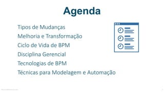 Agenda
Tipos	de	Mudanças
Melhoria	e	Transformação
Ciclo	de	Vida	de	BPM
Disciplina	Gerencial
Tecnologias	de	BPM
Técnicas	para	Modelagem	e	Automação
MauricioBitencourt.com 3
 