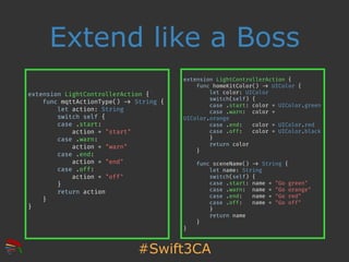 #Swift3CA
extension LightControllerAction {
func homeKitColor() !-> UIColor {
let color: UIColor
switch(self) {
case .star...