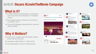 19
AirBnB: Oscars #LiveInTheMovie Campaign
✦ Smart way to engage users with simple, relevant
content during live events
✦ ...