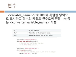 여러 개의 라우팅을 하나의 함수에 연결해서 동
일한 처리
app.route : 중복 라우팅
 