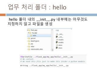 업무 처리 폴더 : hello
hello 폴더 내의 __init__.py 내부에는 아무것도
지정하지 않고 파일을 생성
 