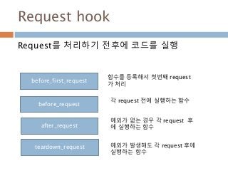 Request hook
Request를 처리하기 전후에 코드를 실행
before_first_request
before_request
after_request
teardown_request
함수를 등록해서 첫번째 request
가 처리
각 request 전에 실행하는 함수
예외가 없는 경우 각 request 후
에 실행하는 함수
예외가 발생해도 각 request 후에
실행하는 함수
 