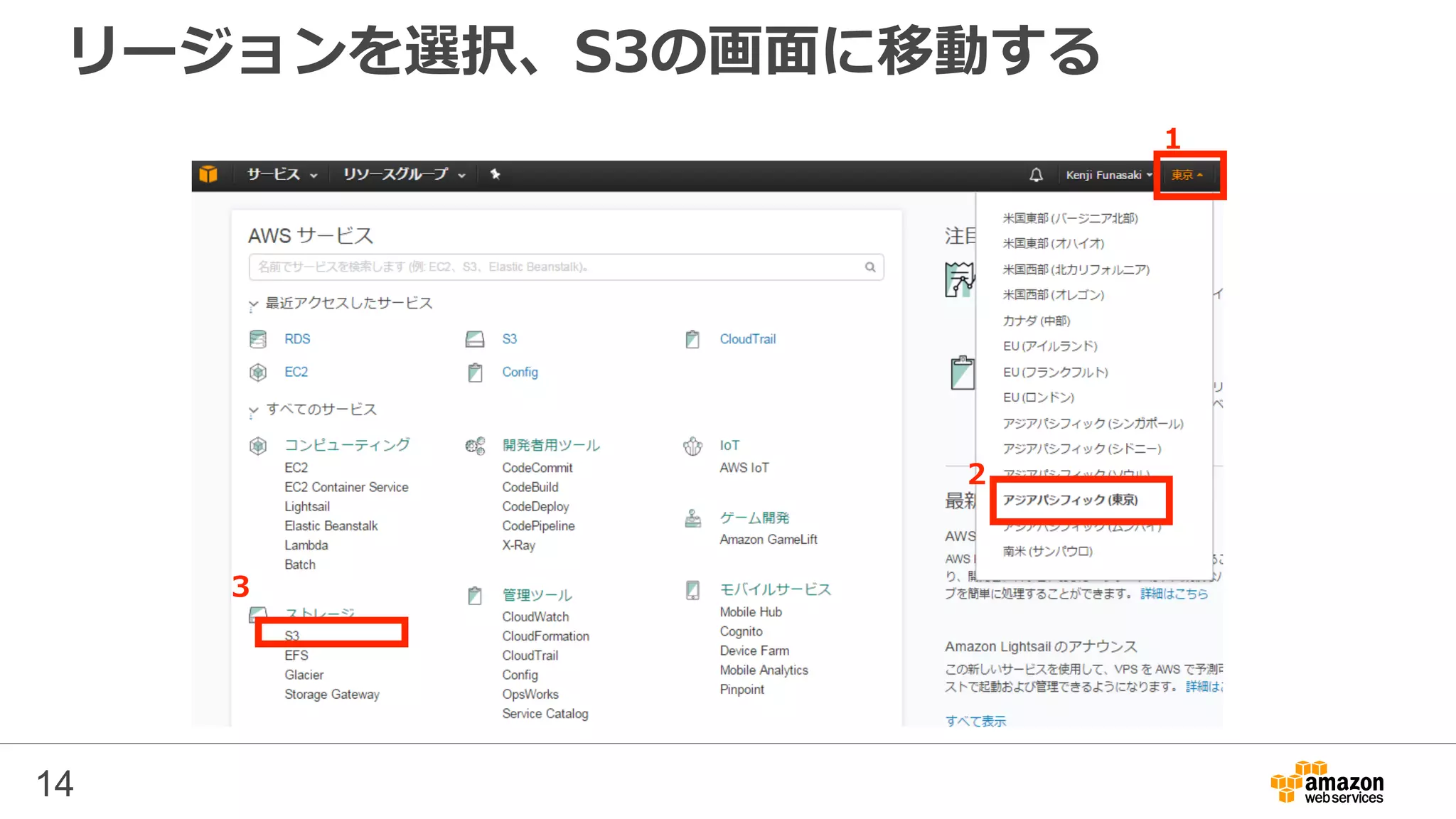 リージョンを選択、S3の画面に移動する
14
1
2
3
 