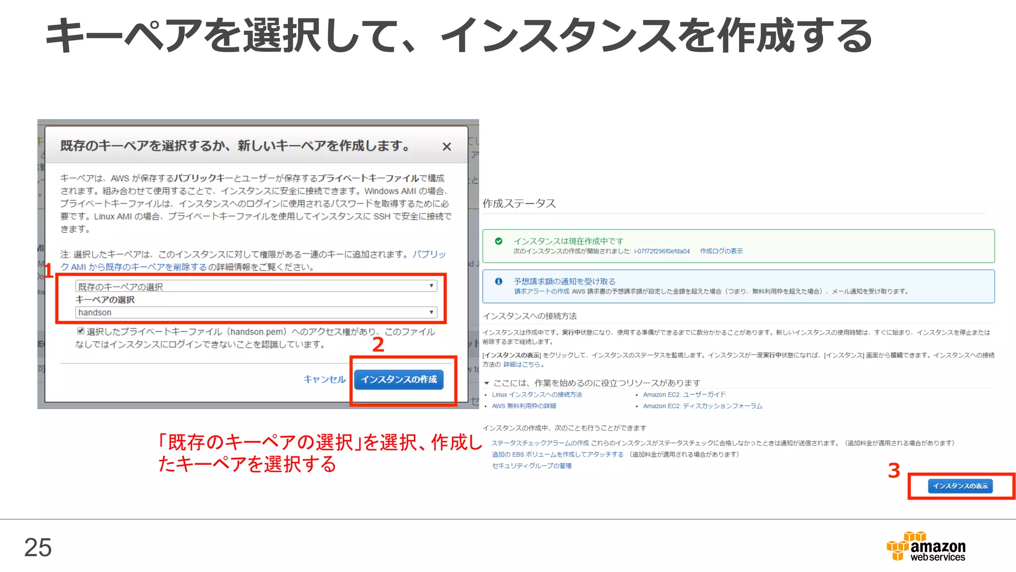 キーペアを選択して、インスタンスを作成する
25
1
2
「既存のキーペアの選択」を選択、作成し
たキーペアを選択する 3
 