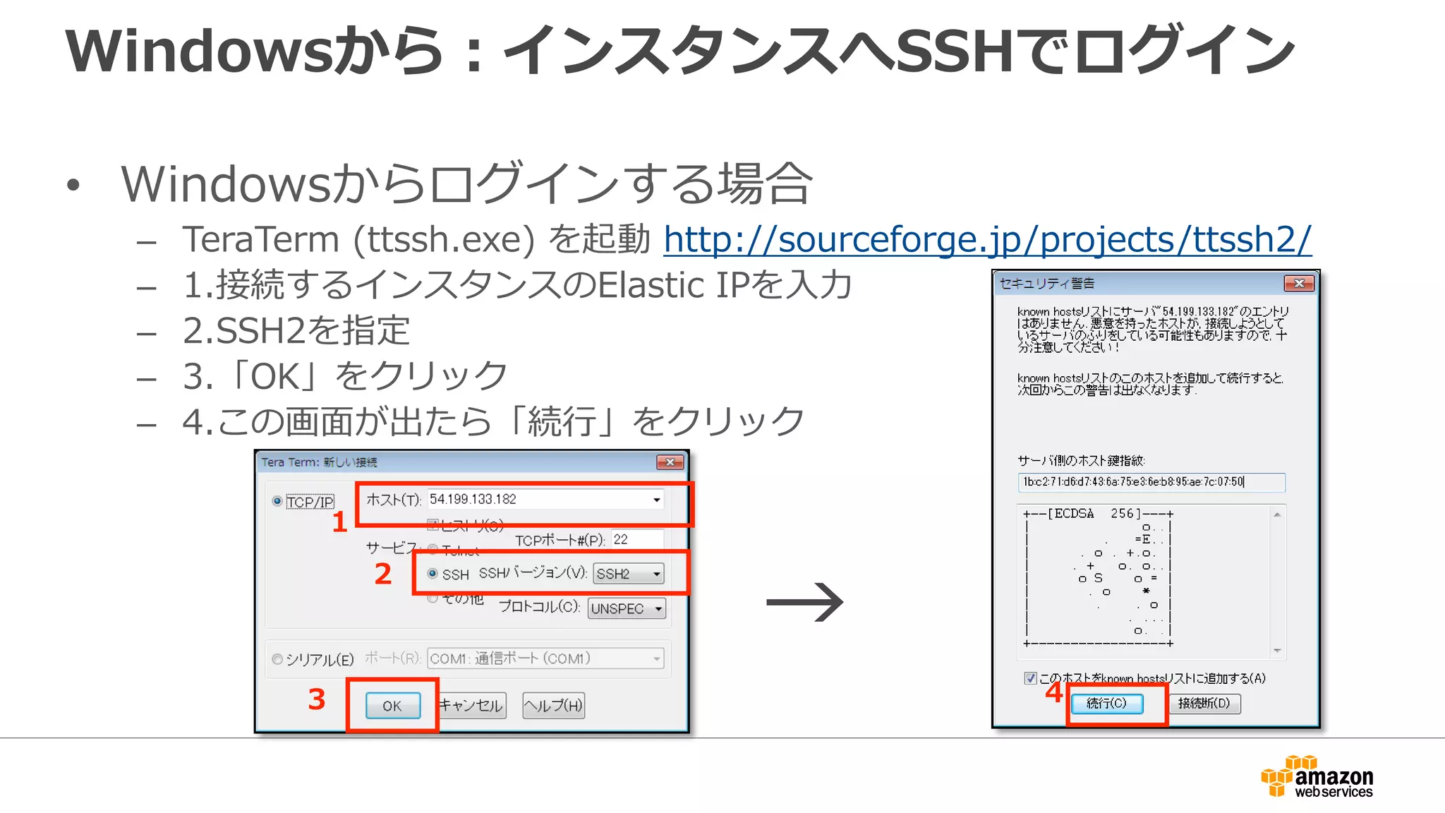 Windowsから：インスタンスへSSHでログイン
• Windowsからログインする場合
– TeraTerm (ttssh.exe) を起動 http://sourceforge.jp/projects/ttssh2/
– 1.接続するインスタンスのElastic IPを入力
– 2.SSH2を指定
– 3.「OK」をクリック
– 4.この画面が出たら「続行」をクリック
→
1
2
3 4
 