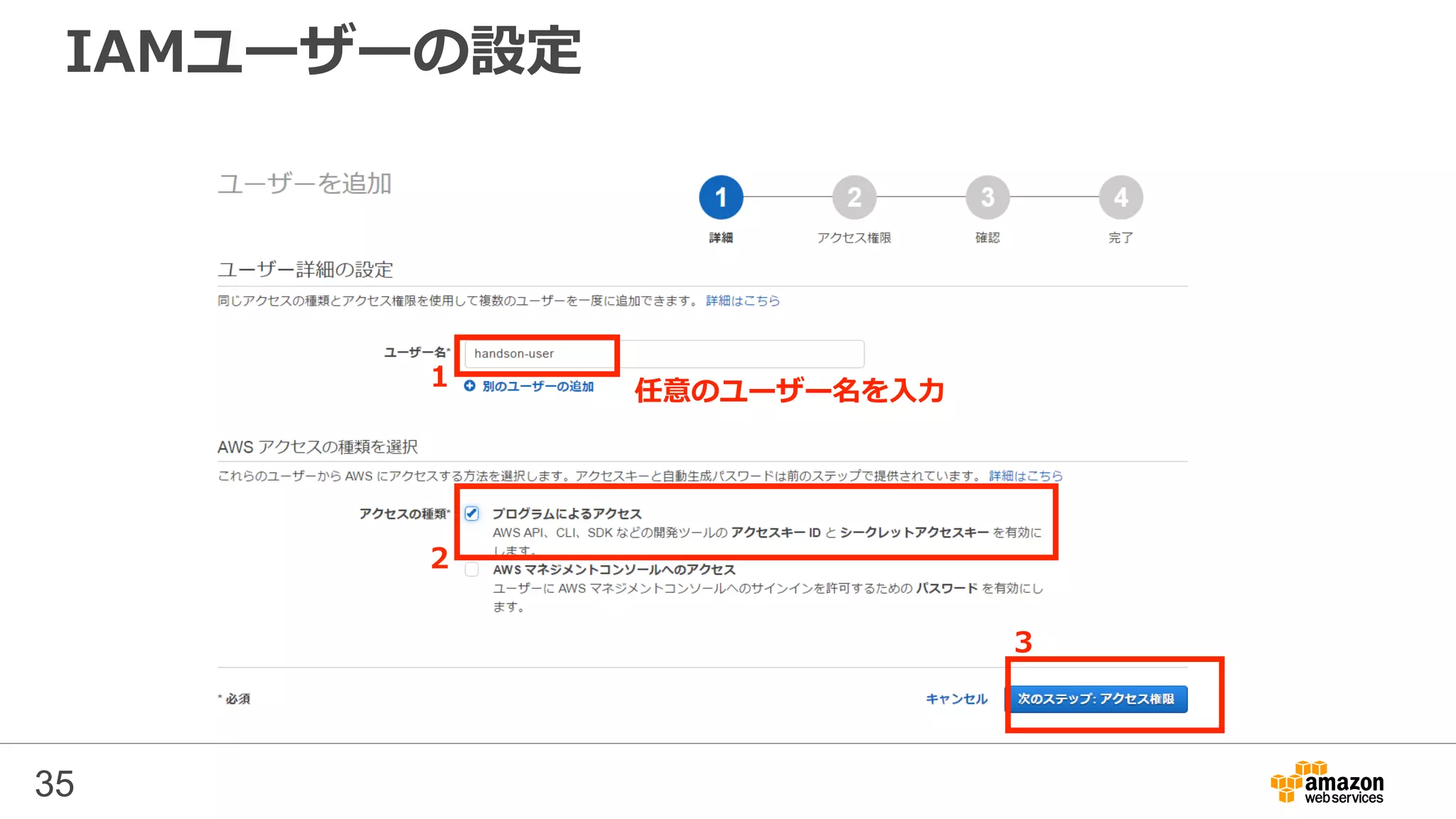 IAMユーザーの設定
35
1
2
任意のユーザー名を入力
3
 