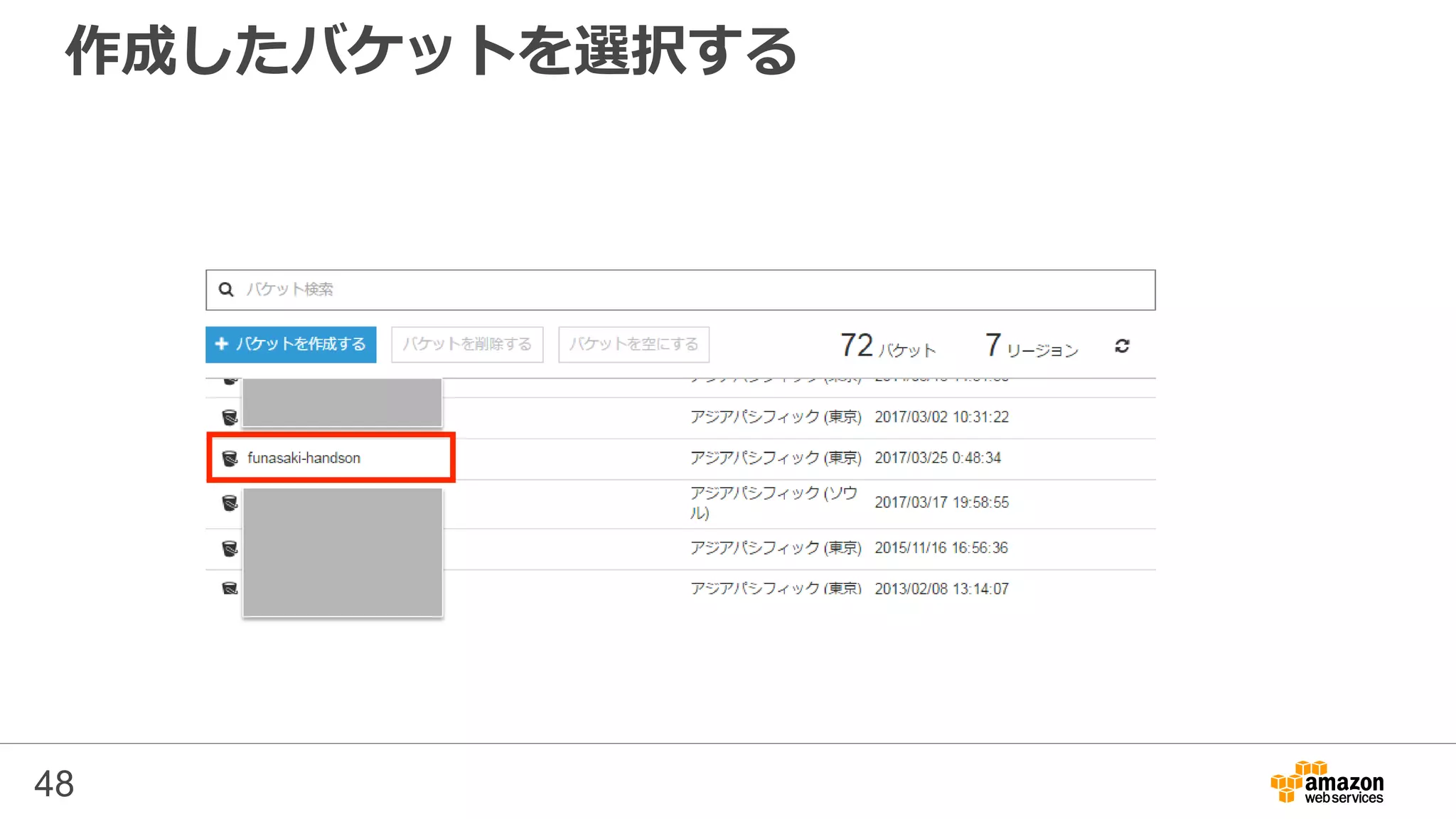 作成したバケットを選択する
48
 