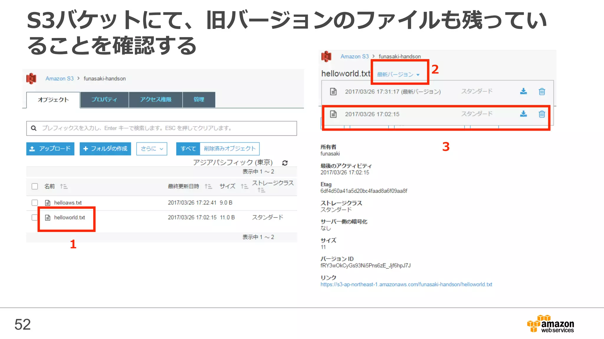 S3バケットにて、旧バージョンのファイルも残ってい
ることを確認する
52
1
2
3
 