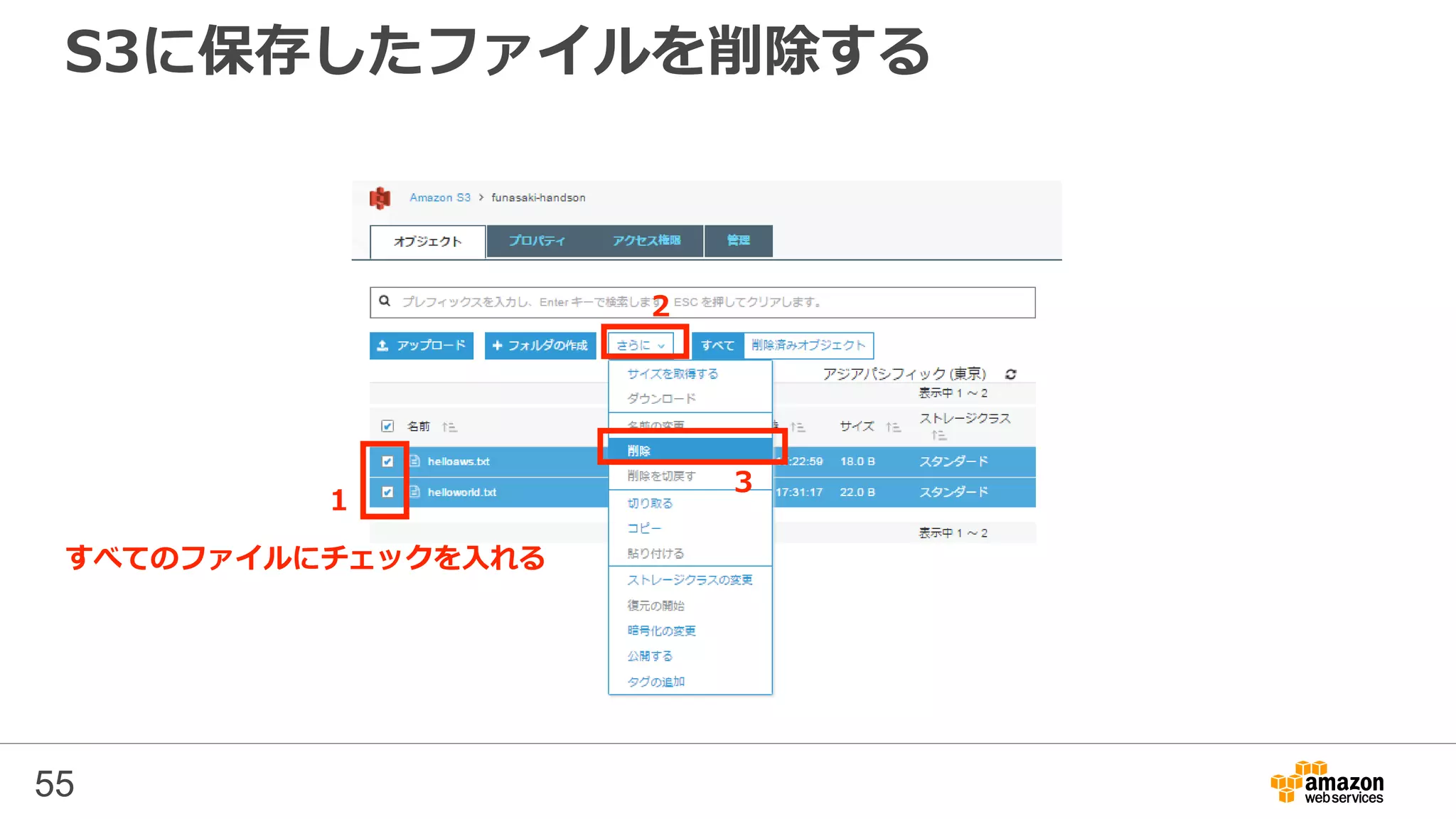 S3に保存したファイルを削除する
55
2
１
3
すべてのファイルにチェックを入れる
 