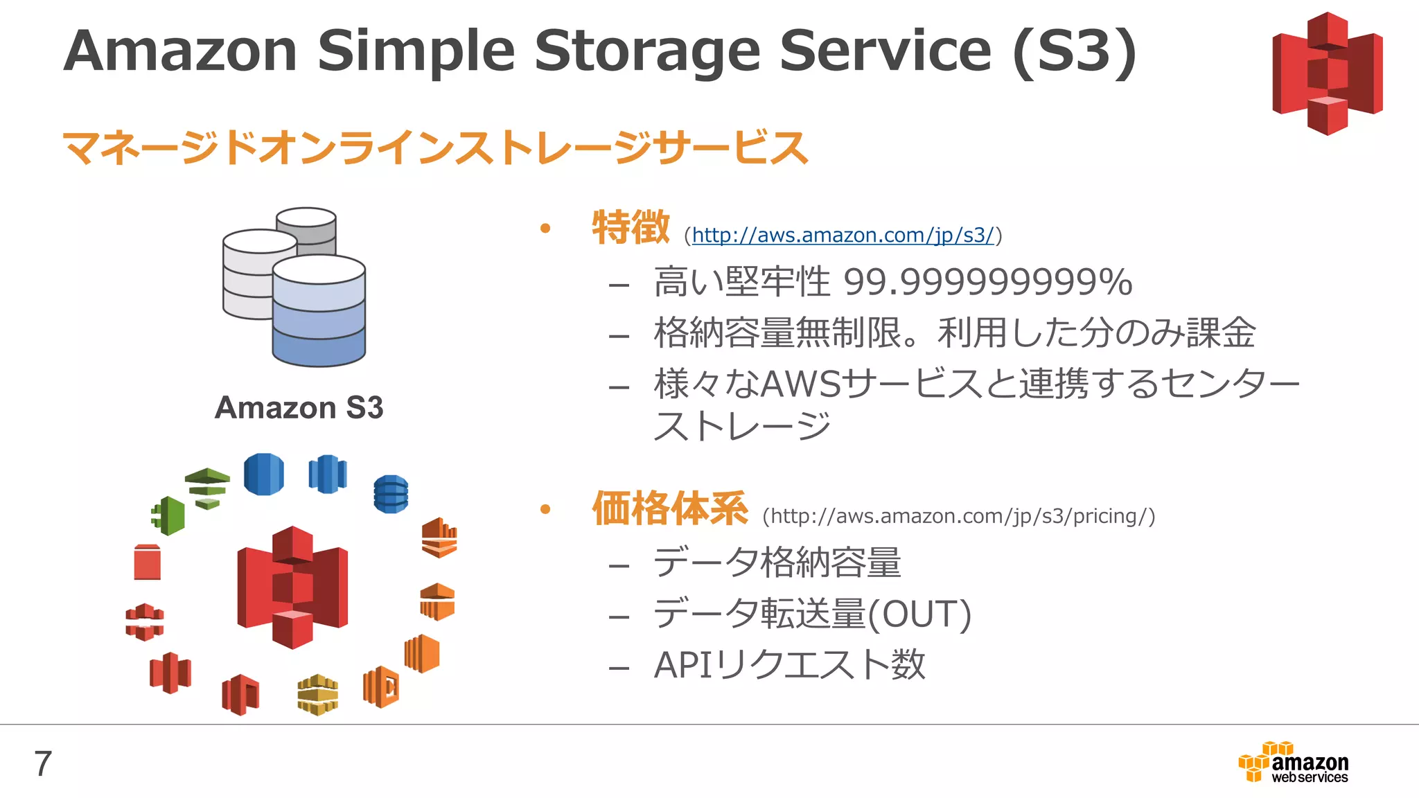 Amazon Simple Storage Service (S3)
• 特徴 (http://aws.amazon.com/jp/s3/)
– 高い堅牢性 99.999999999%
– 格納容量無制限。利用した分のみ課金
– 様々なAWSサービスと連携するセンター
ストレージ
• 価格体系 (http://aws.amazon.com/jp/s3/pricing/)
– データ格納容量
– データ転送量(OUT)
– APIリクエスト数
マネージドオンラインストレージサービス
Amazon S3
7
 