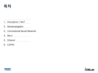 1. Perceptron / MLP
2. Backpropagation
3. Convolutional Neural Networks
4. ReLU
5. Dropout
6. ILSVRC
목차
 