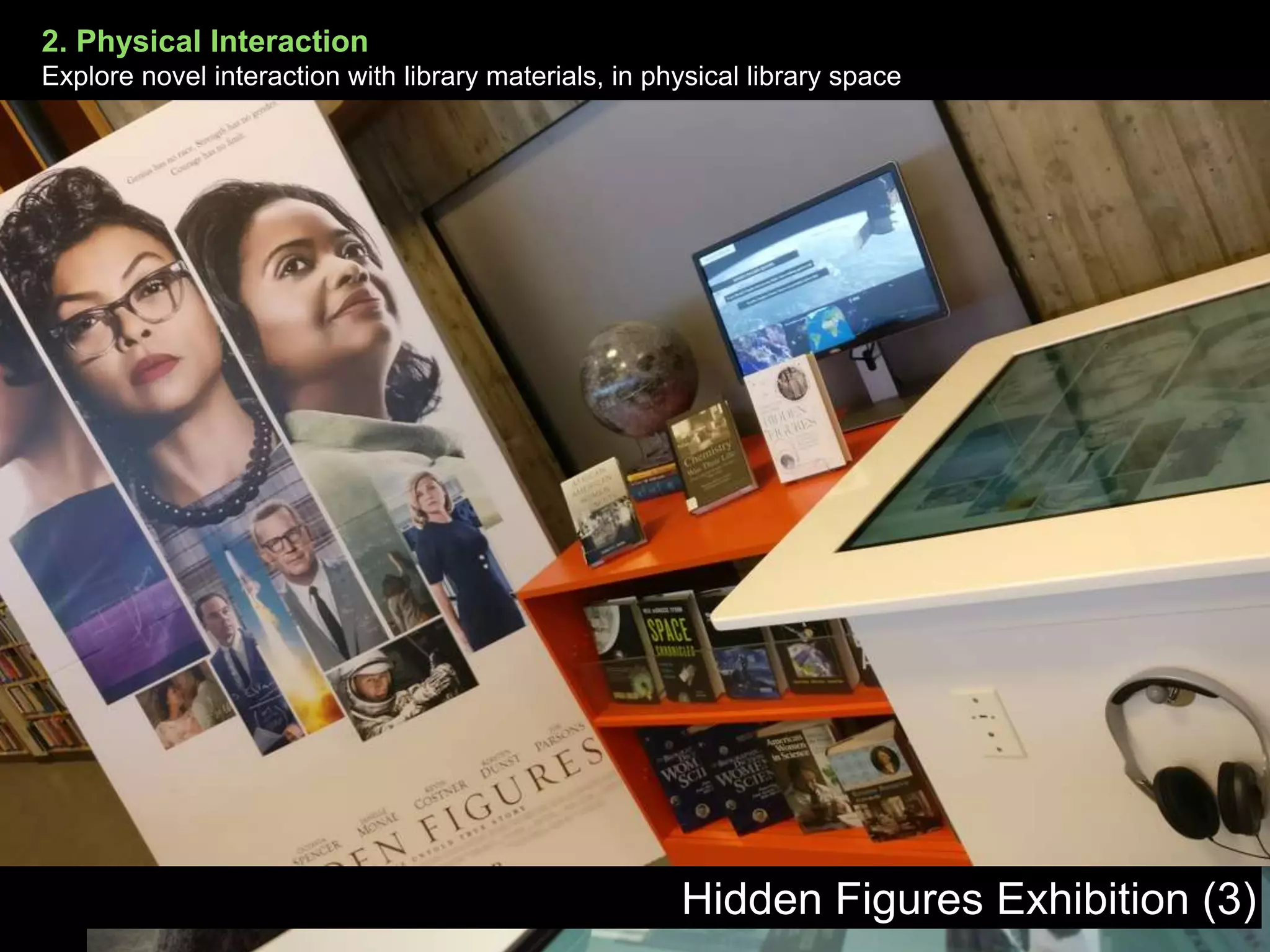 2. Physical Interaction
Explore novel interaction with library materials, in physical library space
Hidden Figures Exhibition (3)
 