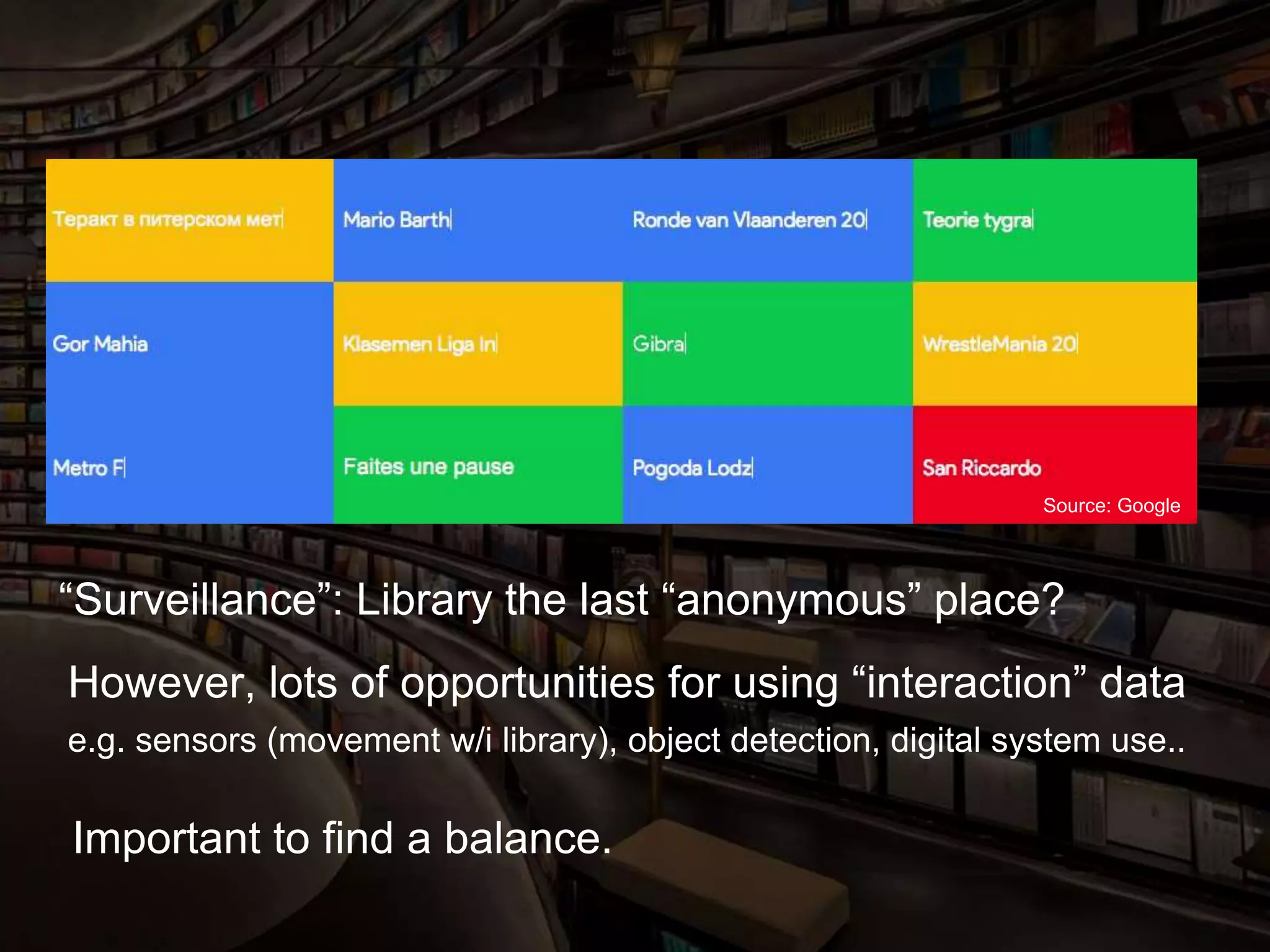 “Surveillance”: Library the last “anonymous” place?
However, lots of opportunities for using “interaction” data
e.g. sensors (movement w/i library), object detection, digital system use..
Source: Google
Important to find a balance.
 
