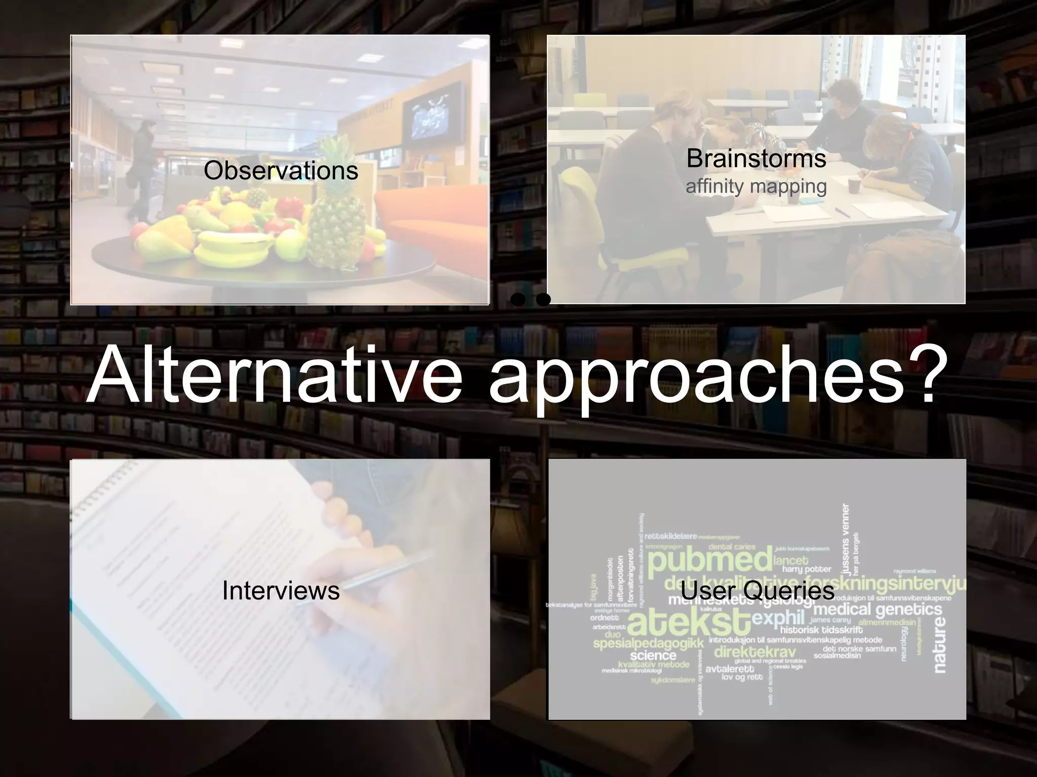 Observations Brainstorms
affinity mapping
Interviews User Queries
Alternative approaches?
 