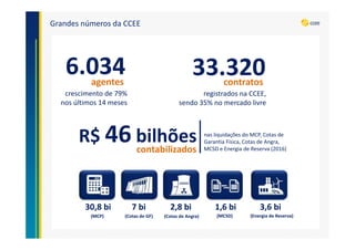 Grandes números da CCEE
agentes
R$ 46 bilhões nas liquidações do MCP, Cotas de
Garantia Física, Cotas de Angra,
MCSD e Energia de Reserva (2016)
contratos
registrados na CCEE,
sendo 35% no mercado livre
6.034
crescimento de 79%
nos últimos 14 meses
33.320
contabilizados
(MCP) (Cotas de GF) (Cotas de Angra) (MCSD) (Energia de Reserva)
30,8 bi 7 bi 3,6 bi1,6 bi2,8 bi
 