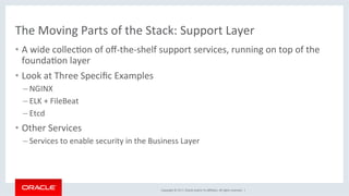 Copyright	©	2017,	Oracle	and/or	its	aﬃliates.	All	rights	reserved.		|	
The	Moving	Parts	of	the	Stack:	Support	Layer	
•  A	wide	collecKon	of	oﬀ-the-shelf	support	services,	running	on	top	of	the	
foundaKon	layer	
•  Look	at	Three	Speciﬁc	Examples	
– NGINX	
– ELK	+	FileBeat	
– Etcd		
•  Other	Services	
– Services	to	enable	security	in	the	Business	Layer	
 
