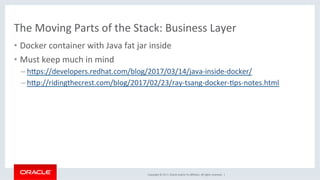 Copyright	©	2017,	Oracle	and/or	its	aﬃliates.	All	rights	reserved.		|	
The	Moving	Parts	of	the	Stack:	Business	Layer	
•  Docker	container	with	Java	fat	jar	inside	
•  Must	keep	much	in	mind	
– hdps://developers.redhat.com/blog/2017/03/14/java-inside-docker/	
– hdp://ridingthecrest.com/blog/2017/02/23/ray-tsang-docker-Kps-notes.html	
 