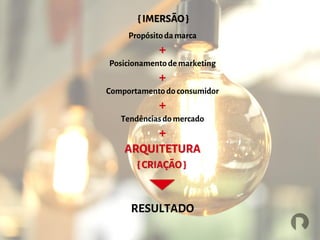 Propósitodamarca
+
Posicionamentodemarketing
+
Comportamentodoconsumidor
+
Tendênciasdomercado
+
ARQUITETURA
RESULTADO
{ IMERSÃO}
{ CRIAÇÃO}
 