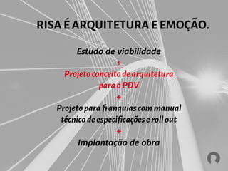 Estudo de viabilidade
+
Projetoconceitodearquitetura
paraoPDV
+
Projetoparafranquiascommanual
técnicodeespecificaçõeserollout
+
Implantação de obra
RISA É ARQUITETURA E EMOÇÃO.
 