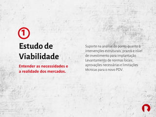 Estudo de
Viabilidade
1
Entender as necessidades e
a realidade dos mercados.
Suporte na análise do ponto quanto à
intervenções estruturais, prazos e nível
de investimento para implantação.
Levantamento de normas locais,
aprovações necessárias e limitações
técnicas para o novo PDV.
 