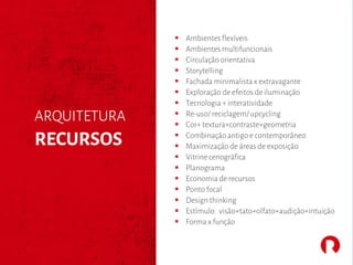 § Ambientes flexíveis
§ Ambientes multifuncionais
§ Circulação orientativa
§ Storytelling
§ Fachada minimalista x extravagante
§ Exploração de efeitos de iluminação
§ Tecnologia + interatividade
§ Re-uso/ reciclagem/upcycling
§ Cor+ textura+contraste+geometria
§ Combinação antigo e contemporâneo
§ Maximização de áreas de exposição
§ Vitrine cenográfica
§ Planograma
§ Economia de recursos
§ Ponto focal
§ Design thinking
§ Estímulo: visão+tato+olfato+audição+intuição
§ Forma x função
RECURSOS
ARQUITETURA
 