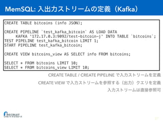 VoltDB: Kafka
CREATE TABLE bitcoins (info VARCHAR(5000));
CREATE VIEW bitcoins_view AS SELECT info FROM bitcoins;
SELECT *...