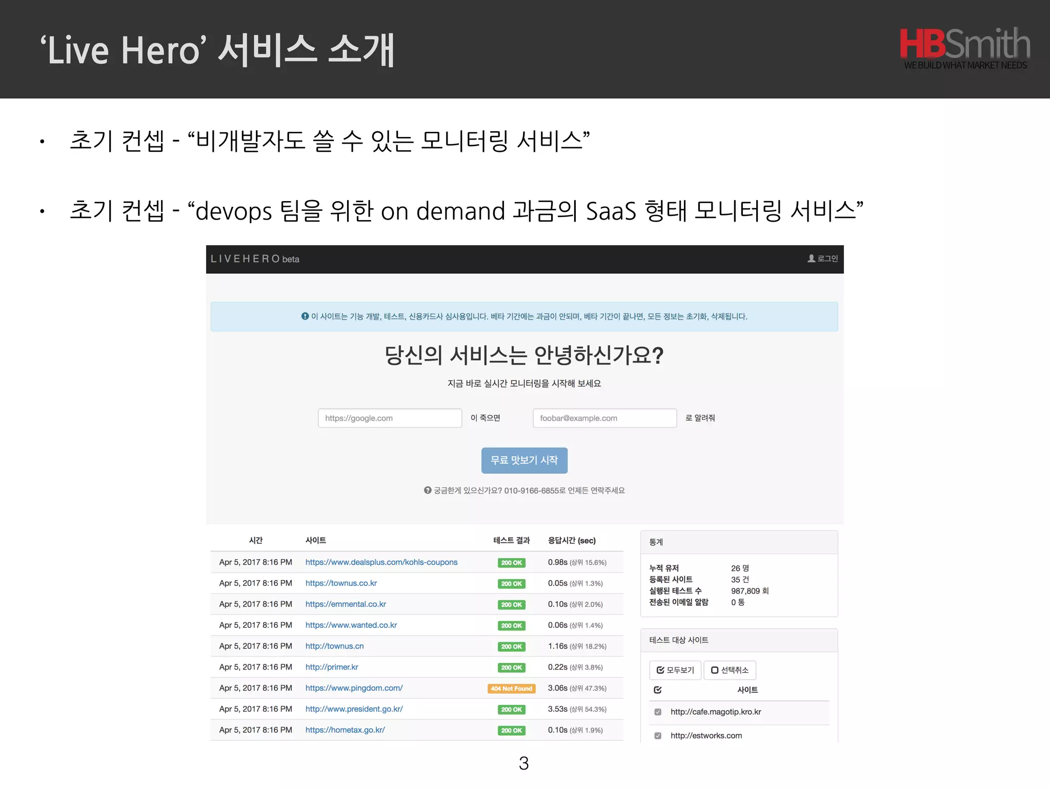 ‘Live Hero’ 서비스 소개
• 초기 컨셉 - “비개발자도 쓸 수 있는 모니터링 서비스”
• 초기 컨셉 - “devops 팀을 위한 on demand 과금의 SaaS 형태 모니터링 서비스”
3
 