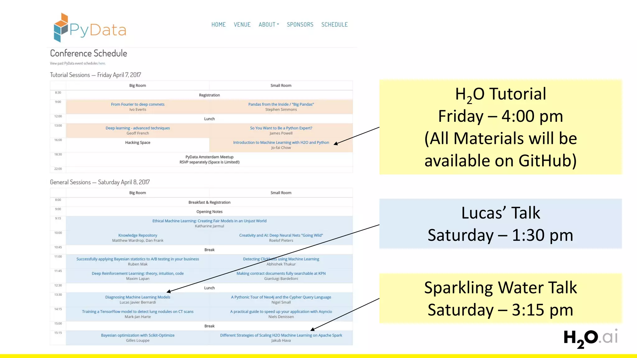 56
H2O Tutorial
Friday – 4:00 pm
(All Materials will be
available on GitHub)
Sparkling Water Talk
Saturday – 3:15 pm
Lucas’ Talk
Saturday – 1:30 pm
 