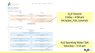 107
H2O Tutorial
Friday – 4:00 pm
bit.ly/joe_h2o_tutorials
H2O Sparkling Water Talk
Saturday – 3:15 pm
 