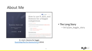About Me
4
R + H2O + Domino for Kaggle
Guest Blog Post for Domino & H2O (2014)
• The Long Story
• bit.ly/joe_kaggle_story
 