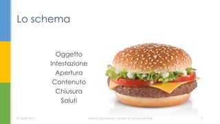 Oggetto
Intestazione
Apertura
Contenuto
Chiusura
Saluti
Lo schema
07 Aprile 2017 Serena Capodicasa - Le basi di una buona mail 17
 