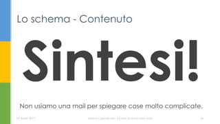 Non usiamo una mail per spiegare cose molto complicate.
Lo schema - Contenuto
07 Aprile 2017 Serena Capodicasa - Le basi di una buona mail 24
 