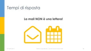 La mail NON è una lettera!
Tempi di risposta
07 Aprile 2017 Serena Capodicasa - Le basi di una buona mail 30
 