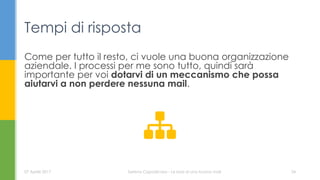 Come per tutto il resto, ci vuole una buona organizzazione
aziendale. I processi per me sono tutto, quindi sarà
importante per voi dotarvi di un meccanismo che possa
aiutarvi a non perdere nessuna mail.
Tempi di risposta
07 Aprile 2017 Serena Capodicasa - Le basi di una buona mail 34
 
