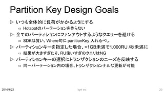 Partition Key Design Goals
 いつも全体的に負荷がかかるようにする
⇨ Hotspotのパーテーションを作らない
 全てのパーティションにファンアウトするようなクエリーを避ける
⇨ SDKは賢い、Where句に partitionKey 入れるべし
 パーティションキーを指定した場合、<1GB未満で1,000RU /秒未満に
⇨ 結果が大きすぎたり、RU使いすぎのクエリはNG
 パーティションキーの選択にトランザクションのニーズを反映する
⇨ 同一パーテーション内の場合、トランザクションナルな更新が可能
2016/4/22 kyrt inc 20
 