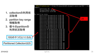 1. collectionの利用状
況取得
2. partition key range
情報取得
3. 個々のpartitionの
利用状況取得
kyrt inc 352016/4/22
25
10Gのやつだと１になる
Partitioned Collectionは25
 
