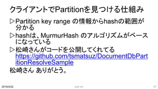 クライアントでPartitionを見つける仕組み
Partition key range の情報からhashの範囲が
分かる
hashは、MurmurHash のアルゴリズムがベース
になっている
松崎さんがコードを公開してくれてる
https://github.com/tsmatsuz/DocumentDbPart
itionResolveSample
松崎さん ありがとう。
kyrt inc 472016/4/22
 